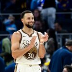Jan 17, 2026; San Francisco, California, USA; Golden State Warriors guard Stephen Curry (30) reacts during the third quarter against the Charlotte Hornets at Chase Center. Mandatory Credit: John Hefti-Imagn Images