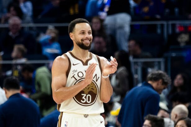 Jan 17, 2026; San Francisco, California, USA; Golden State Warriors guard Stephen Curry (30) reacts during the third quarter against the Charlotte Hornets at Chase Center. Mandatory Credit: John Hefti-Imagn Images