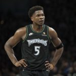 May 8, 2026; Minneapolis, Minnesota, USA; Minnesota Timberwolves guard Anthony Edwards (5) against the San Antonio Spurs in the first half during game three of the second round of the 2026 NBA Playoffs at Target Center. Mandatory Credit: Jesse Johnson-Imagn Images