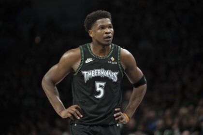 May 8, 2026; Minneapolis, Minnesota, USA; Minnesota Timberwolves guard Anthony Edwards (5) against the San Antonio Spurs in the first half during game three of the second round of the 2026 NBA Playoffs at Target Center. Mandatory Credit: Jesse Johnson-Imagn Images