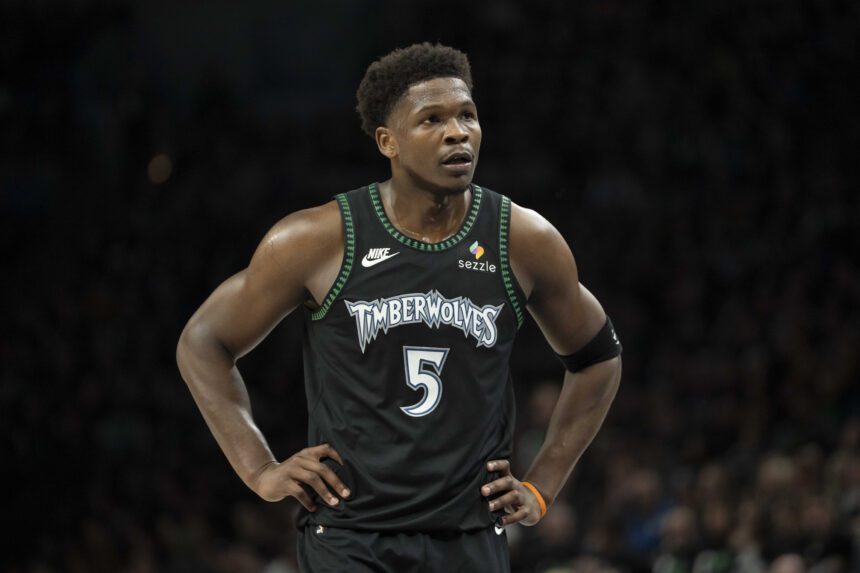 May 8, 2026; Minneapolis, Minnesota, USA; Minnesota Timberwolves guard Anthony Edwards (5) against the San Antonio Spurs in the first half during game three of the second round of the 2026 NBA Playoffs at Target Center. Mandatory Credit: Jesse Johnson-Imagn Images