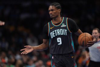 Apr 10, 2026; Charlotte, North Carolina, USA; Detroit Pistons guard/forward Ausar Thompson (9) during first quarter against the Charlotte Hornets at Spectrum Center. Mandatory Credit: Jim Dedmon-Imagn Images