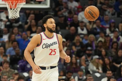 Apr 11, 2025; Sacramento, California, USA; Los Angeles Clippers guard Ben Simmons (25) during the third quarter against the Sacramento Kings at Golden 1 Center. Mandatory Credit: Darren Yamashita-Imagn Images