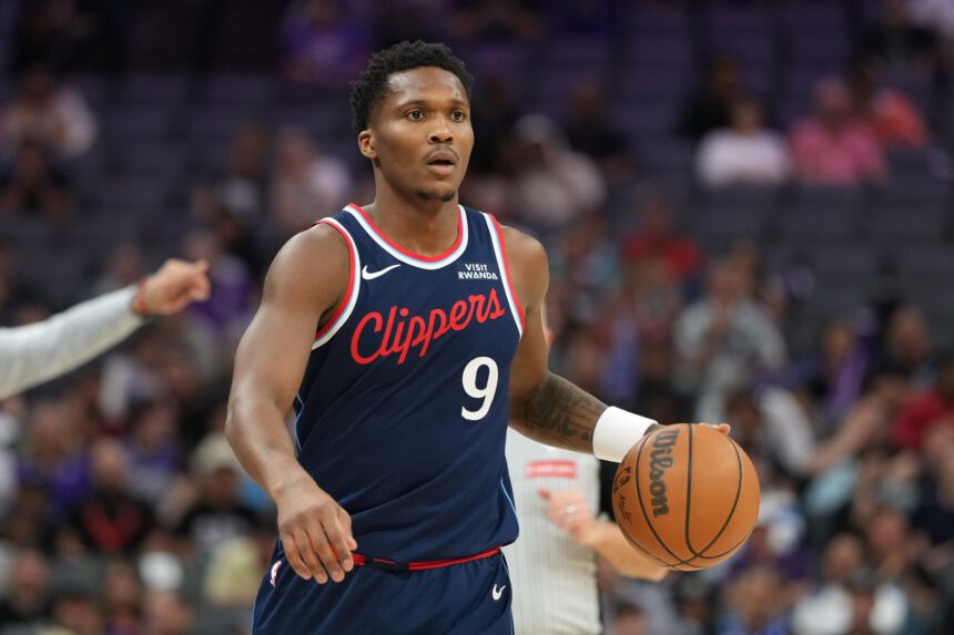 Apr 5, 2026; Sacramento, California, USA; LA Clippers guard Bennedict Mathurin (9) during the third quarter against the Sacramento Kings at Golden 1 Center. Mandatory Credit: Darren Yamashita-Imagn Images