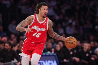 Memphis Grizzlies forward Brandon Clarke (15) dribbles up court during the first half against the New York Knicks at Madison Square Garden.