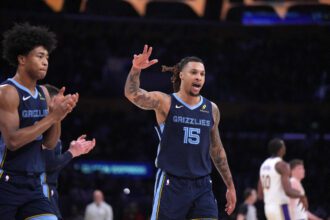 Dec 15, 2024; Los Angeles, California, USA; Memphis Grizzlies forward Brandon Clarke (15) reacts in the first half against the Los Angeles Lakers at Crypto.com Arena. Mandatory Credit: Kirby Lee-Imagn Images