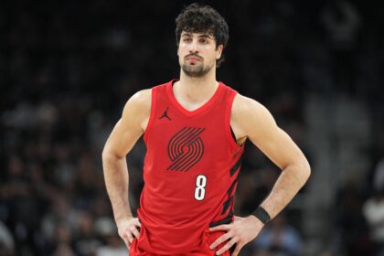 Apr 28, 2026; San Antonio, Texas, USA; Portland Trail Blazers forward Deni Avdija (8) during the second half of game five of the first round of the 2026 NBA Playoffs against the San Antonio Spurs at Frost Bank Center. Mandatory Credit: Scott Wachter-Imagn Images