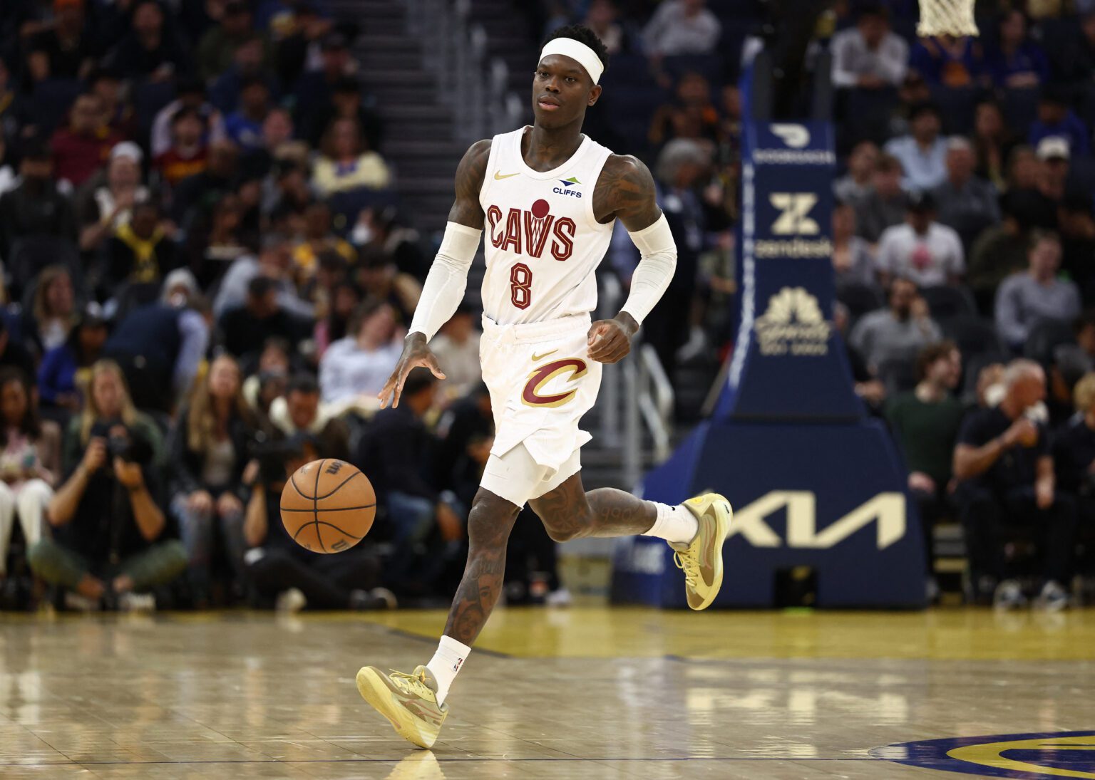 Apr 2, 2026; San Francisco, California, USA; Cleveland Cavaliers guard Dennis Schroder (8) controls the ball against the Golden State Warriors during the third quarter at Chase Center. Mandatory Credit: Kelley L Cox-Imagn Images
