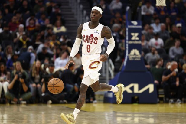 Apr 2, 2026; San Francisco, California, USA; Cleveland Cavaliers guard Dennis Schroder (8) controls the ball against the Golden State Warriors during the third quarter at Chase Center. Mandatory Credit: Kelley L Cox-Imagn Images