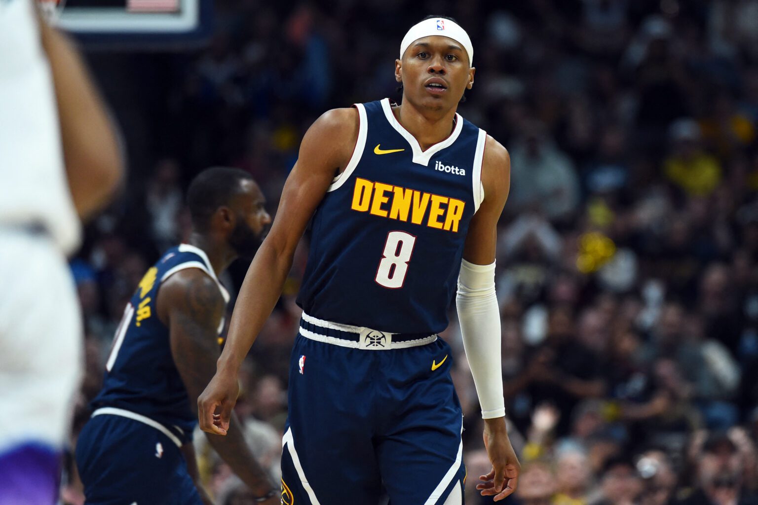 Mar 27, 2026; Denver, Colorado, USA; Denver Nuggets guard Peyton Watson (8) after making a basket during the second half against the Utah Jazz at Ball Arena. Mandatory Credit: Christopher Hanewinckel-Imagn Images