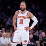 Jun 10, 2026; New York, New York, USA; New York Knicks guard Jalen Brunson (11) reacts during the second quarter of game four of the 2026 NBA Finals against the San Antonio Spurs at Madison Square Garden. Mandatory Credit: Brad Penner-Imagn Images