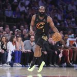 May 19, 2026; New York, New York, USA; Cleveland Cavaliers guard James Harden (1) controls the ball against the New York Knicks during the second quarter of game one of the eastern conference finals during the 2026 NBA playoffs at Madison Square Garden. Mandatory Credit: Brad Penner-Imagn Images