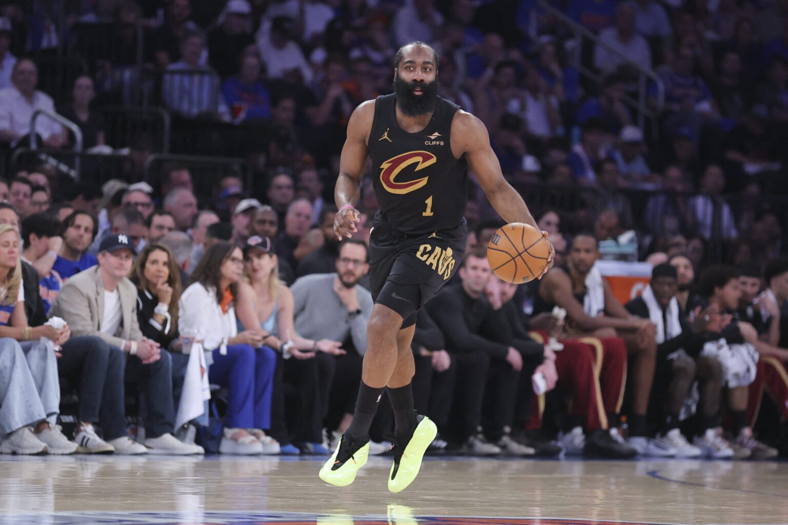 May 19, 2026; New York, New York, USA; Cleveland Cavaliers guard James Harden (1) controls the ball against the New York Knicks during the second quarter of game one of the eastern conference finals during the 2026 NBA playoffs at Madison Square Garden. Mandatory Credit: Brad Penner-Imagn Images