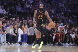 May 19, 2026; New York, New York, USA; Cleveland Cavaliers guard James Harden (1) controls the ball against the New York Knicks during the second quarter of game one of the eastern conference finals during the 2026 NBA playoffs at Madison Square Garden. Mandatory Credit: Brad Penner-Imagn Images