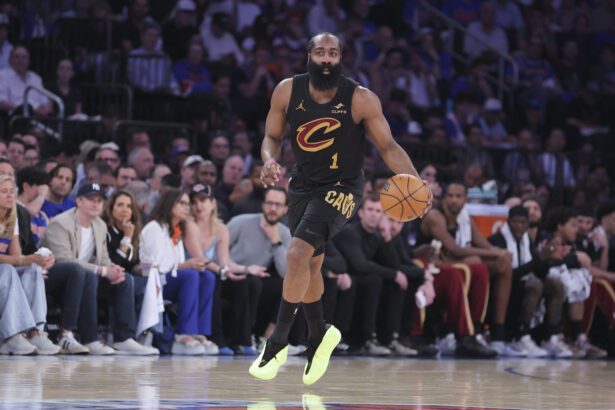 May 19, 2026; New York, New York, USA; Cleveland Cavaliers guard James Harden (1) controls the ball against the New York Knicks during the second quarter of game one of the eastern conference finals during the 2026 NBA playoffs at Madison Square Garden. Mandatory Credit: Brad Penner-Imagn Images