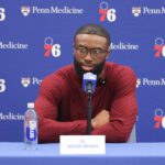 Philadelphia 76ers guard Jaylen Brown speaks with the media during his introductory press conference at the Francis J. Myers Recreation Center.