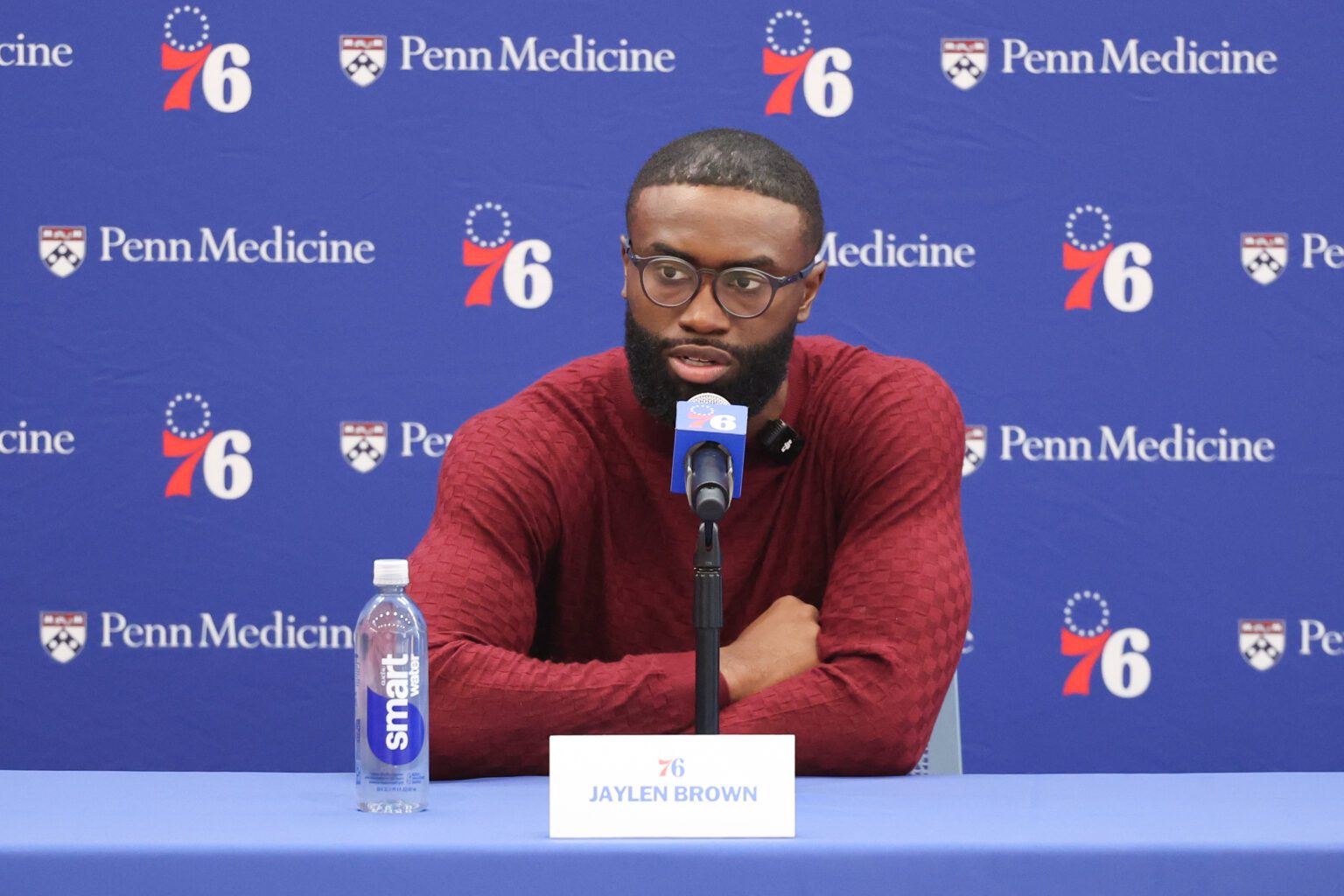 Philadelphia 76ers guard Jaylen Brown speaks with the media during his introductory press conference at the Francis J. Myers Recreation Center.