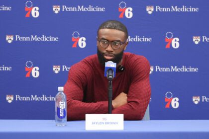 Philadelphia 76ers guard Jaylen Brown speaks with the media during his introductory press conference at the Francis J. Myers Recreation Center.