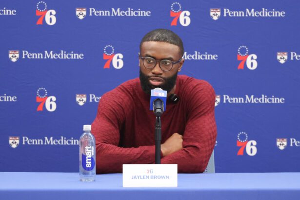 Philadelphia 76ers guard Jaylen Brown speaks with the media during his introductory press conference at the Francis J. Myers Recreation Center.