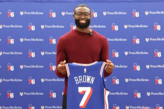 Philadelphia 76ers guard Jaylen Brown poses for a photo during his introductory press conference at the Francis J. Myers Recreation Center.