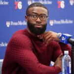 Aug 6, 2026; Camden, NJ, USA; Philadelphia 76ers guard Jaylen Brown speaks with the media during his introductory press conference at the Francis J. Myers Recreation Center. Mandatory Credit: Bill Streicher-Imagn Images