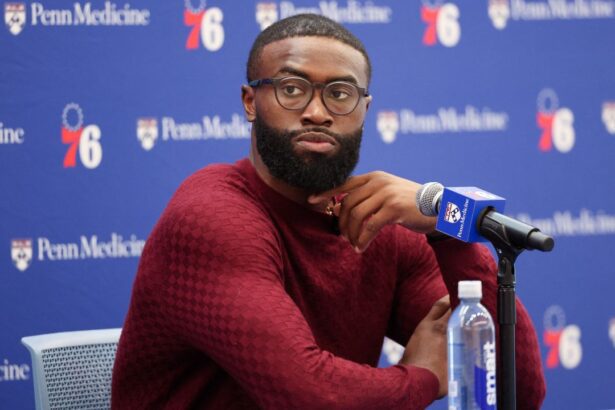 Aug 6, 2026; Camden, NJ, USA; Philadelphia 76ers guard Jaylen Brown speaks with the media during his introductory press conference at the Francis J. Myers Recreation Center. Mandatory Credit: Bill Streicher-Imagn Images