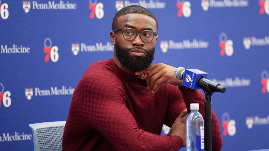 Aug 6, 2026; Camden, NJ, USA; Philadelphia 76ers guard Jaylen Brown speaks with the media during his introductory press conference at the Francis J. Myers Recreation Center. Mandatory Credit: Bill Streicher-Imagn Images