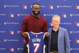 Aug 6, 2026; Camden, NJ, USA; Philadelphia 76ers guard Jaylen Brown and managing partner Josh Harris pose for a photo during his introductory press conference at the Francis J. Myers Recreation Center. Mandatory Credit: Bill Streicher-Imagn Images