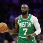 Apr 30, 2026; Philadelphia, Pennsylvania, USA; Boston Celtics guard Jaylen Brown (7) dribbles the ball against the Philadelphia 76ers during the first quarter at Xfinity Mobile Arena. Mandatory Credit: Bill Streicher-Imagn Images