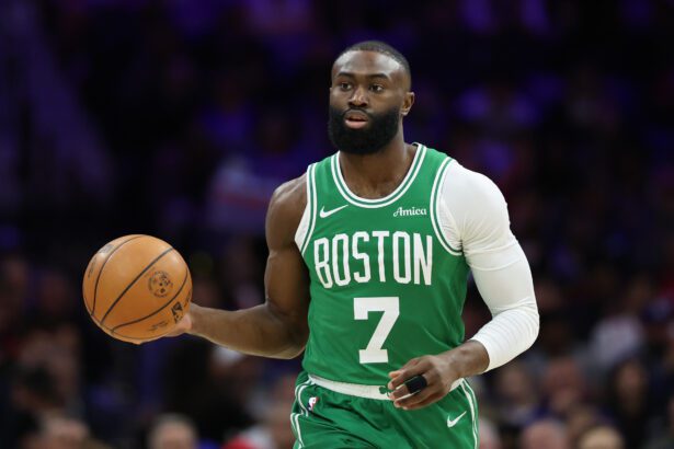 Apr 30, 2026; Philadelphia, Pennsylvania, USA; Boston Celtics guard Jaylen Brown (7) dribbles the ball against the Philadelphia 76ers during the first quarter at Xfinity Mobile Arena. Mandatory Credit: Bill Streicher-Imagn Images