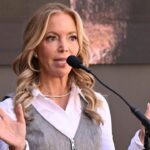 Los Angeles, CA - February 22: Jeanie Buss during the statue unveiling for former Lakers coach Pat Riley in Star Plaza in front of Crypto.com Arena in Los Angeles on Sunday, February 22, 2026. Riley won 4 championships as Lakers head coach. (Photo by Keith Birmingham/MediaNews Group/Pasadena Star-News via Getty Images)