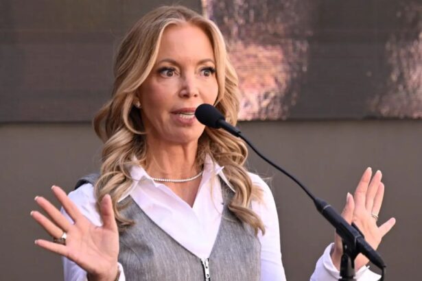Los Angeles, CA - February 22: Jeanie Buss during the statue unveiling for former Lakers coach Pat Riley in Star Plaza in front of Crypto.com Arena in Los Angeles on Sunday, February 22, 2026. Riley won 4 championships as Lakers head coach. (Photo by Keith Birmingham/MediaNews Group/Pasadena Star-News via Getty Images)