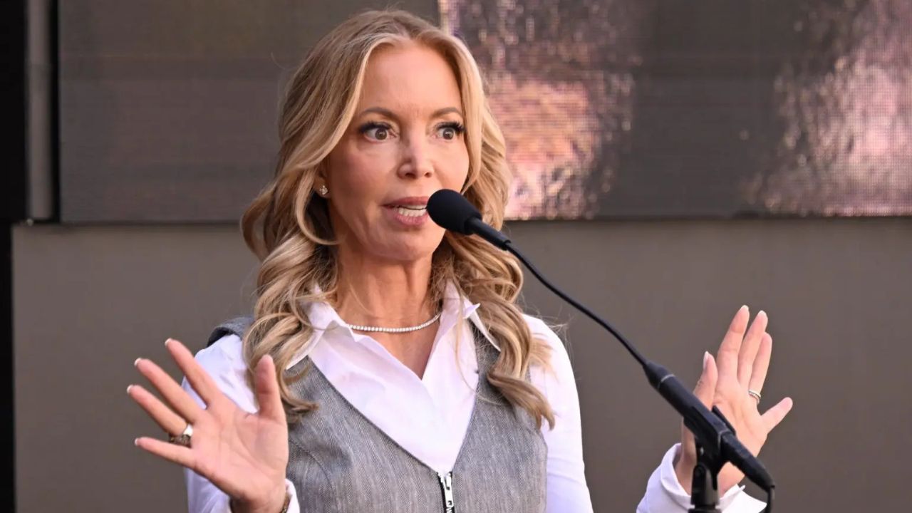 Los Angeles, CA - February 22: Jeanie Buss during the statue unveiling for former Lakers coach Pat Riley in Star Plaza in front of Crypto.com Arena in Los Angeles on Sunday, February 22, 2026. Riley won 4 championships as Lakers head coach. (Photo by Keith Birmingham/MediaNews Group/Pasadena Star-News via Getty Images)