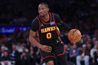 Apr 18, 2026; New York, New York, USA; Atlanta Hawks forward Jonathan Kuminga (0) dribbles during the second half of the 2026 NBA Playoffs against the New York Knicks at Madison Square Garden. Mandatory Credit: Vincent Carchietta-Imagn Images