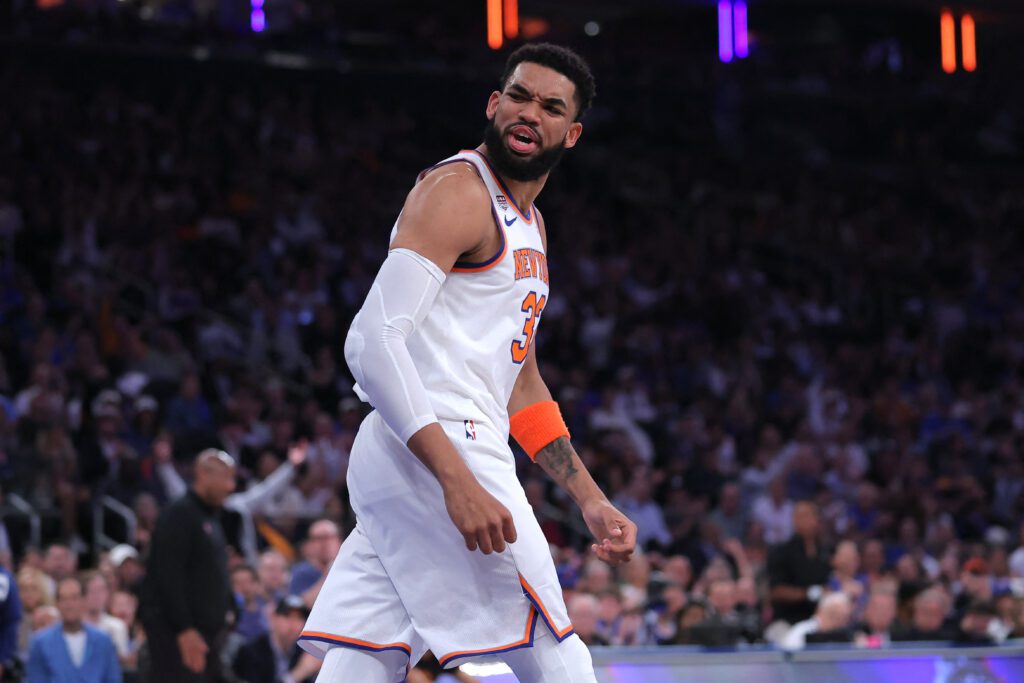 New York Knicks center Karl-Anthony Towns (32) reacts in the second quarter against the San Antonio Spurs during game four of the 2026 NBA Finals at Madison Square Garden.