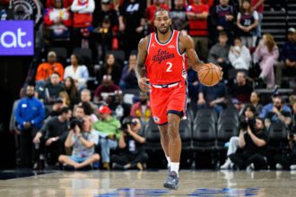 Apr 2, 2026; Inglewood, California, USA; Los Angeles Clippers forward Kawhi Leonard (2) controls the ball during the first half against the San Antonio Spurs at Intuit Dome. Mandatory Credit: William Liang-Imagn Images