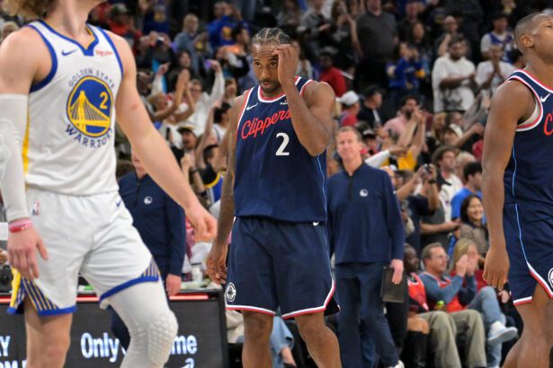 Apr 15, 2026; Inglewood, California, USA; Los Angeles Clippers forward Kawhi Leonard (2) leaves the court after being defeated by the Golden State Warriors during the play-in rounds of the 2026 NBA Playoffs at Intuit Dome. Mandatory Credit: Jayne Kamin-Oncea-Imagn Images
