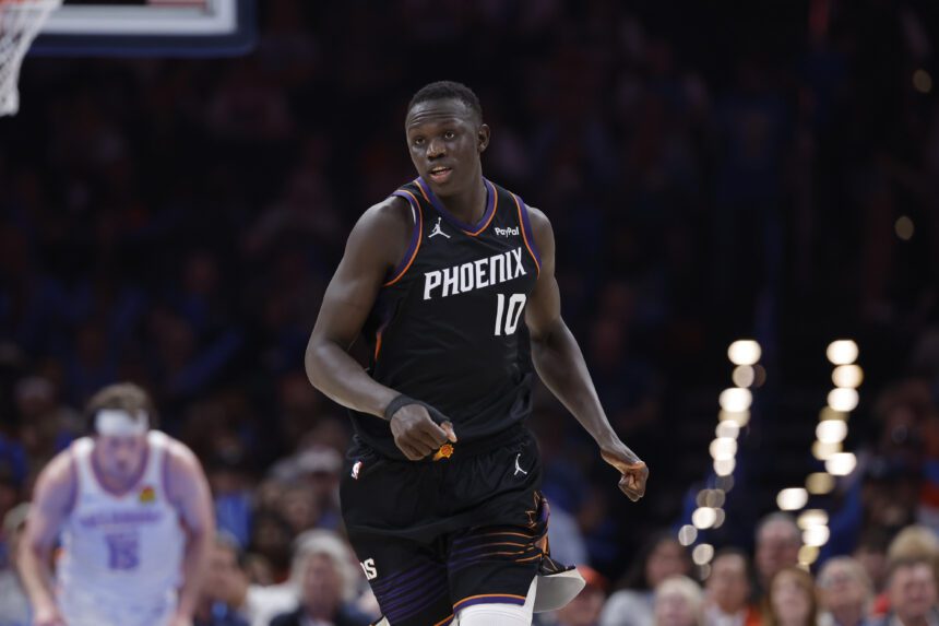 Phoenix Suns center Khaman Maluach (10) runs down the court during a game against the Oklahoma City Thunder during the second half at Paycom Center.