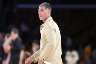 Los Angeles Lakers general manager Rob Pelinka watches during game one of the first round of the 2026 NBA Playoffs against the Houston Rockets at Crypto.com Arena.