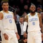 Jan 31, 2023; New York, New York, USA; Los Angeles Lakers forward LeBron James (6) and guard Russell Westbrook (0) react during overtime against the New York Knicks at Madison Square Garden. Mandatory Credit: Brad Penner-USA TODAY Sports