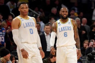 Jan 31, 2023; New York, New York, USA; Los Angeles Lakers forward LeBron James (6) and guard Russell Westbrook (0) react during overtime against the New York Knicks at Madison Square Garden. Mandatory Credit: Brad Penner-USA TODAY Sports