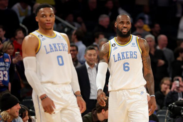 Jan 31, 2023; New York, New York, USA; Los Angeles Lakers forward LeBron James (6) and guard Russell Westbrook (0) react during overtime against the New York Knicks at Madison Square Garden. Mandatory Credit: Brad Penner-USA TODAY Sports
