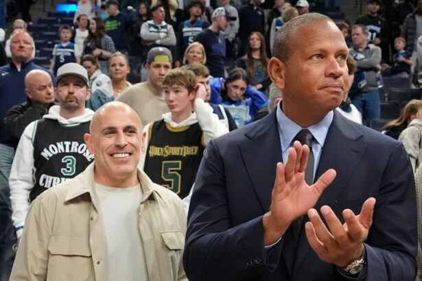 Mar 28, 2025; Minneapolis, Minnesota, USA; Minnesota Timberwolves minority owners Marc Lore and Alex Rodriguez celebrate the team's win over the Phoenix Suns at Target Center. Mandatory Credit: Bruce Kluckhohn-Imagn Images