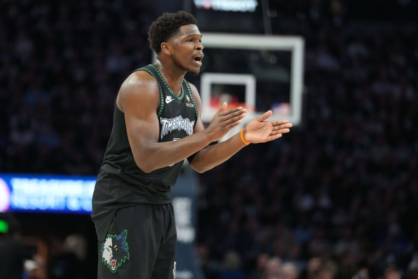 May 15, 2026; Minneapolis, Minnesota, USA; Minnesota Timberwolves guard Anthony Edwards (5) looks on against the San Antonio Spurs in the first half during game six of the second round of the 2026 NBA Playoffs at Target Center. Mandatory Credit: Jesse Johnson-Imagn Images