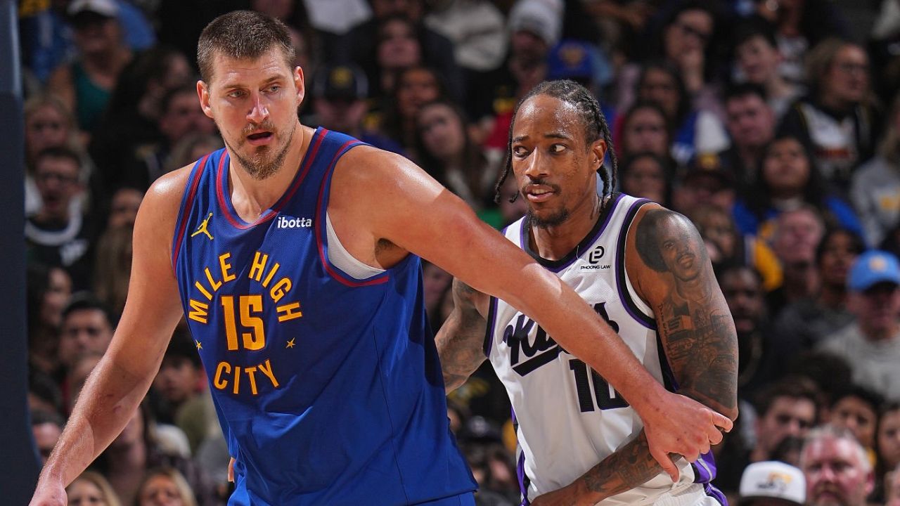 DENVER, CO - NOVEMBER 2: Nikola Jokic #15 of the Denver Nuggets boxes out DeMar DeRozan #10 of the Sacramento Kings during the game on November 22, 2025 at Ball Arena in Denver, Colorado. (Photo by Bart Young/NBAE via Getty Images)