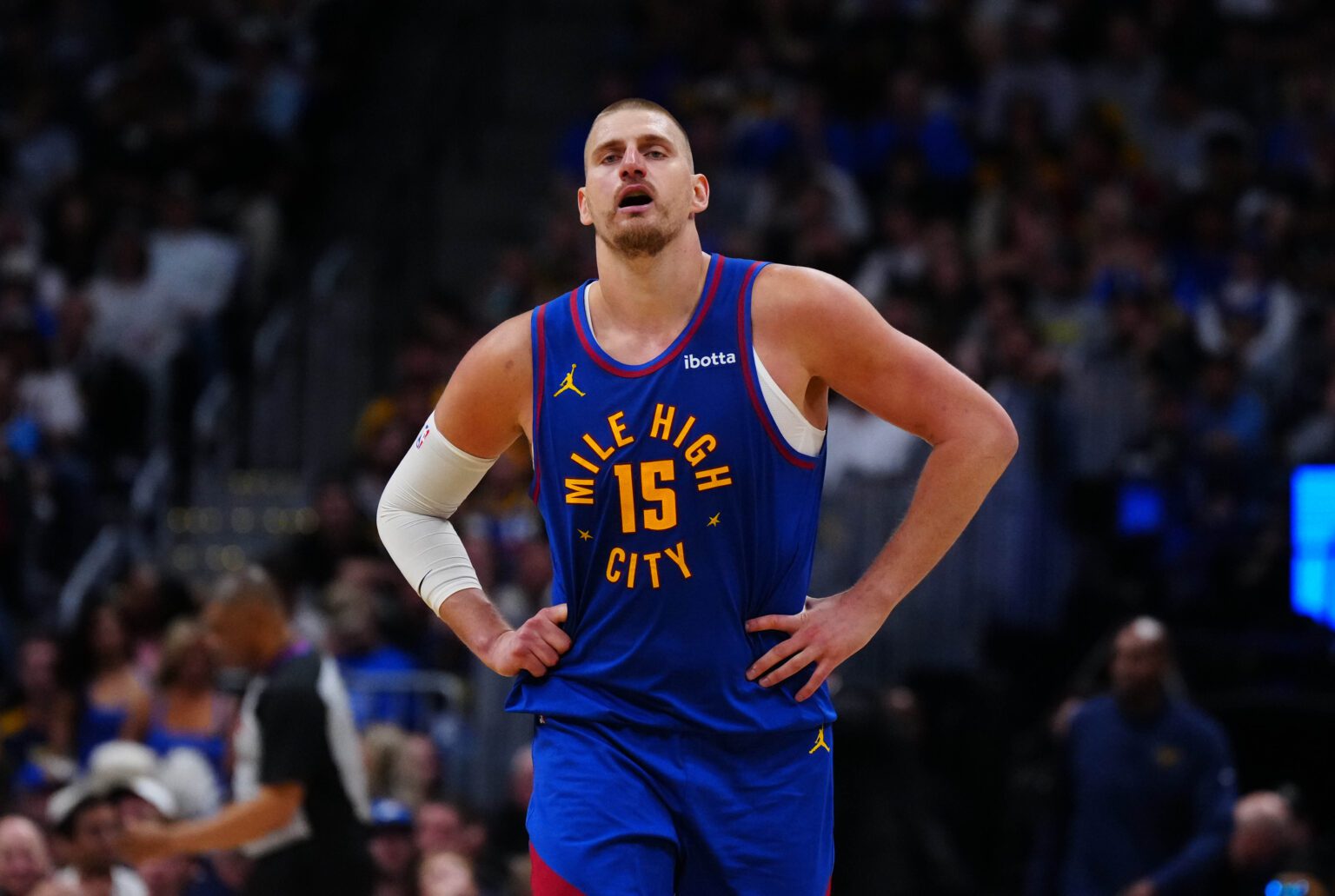 Apr 20, 2026; Denver, Colorado, USA; Denver Nuggets center Nikola Jokic (15) reacts in the second half against the Minnesota Timberwolves during game two of the first round of the 2026 NBA Playoffs at Ball Arena. Mandatory Credit: Ron Chenoy-Imagn Images