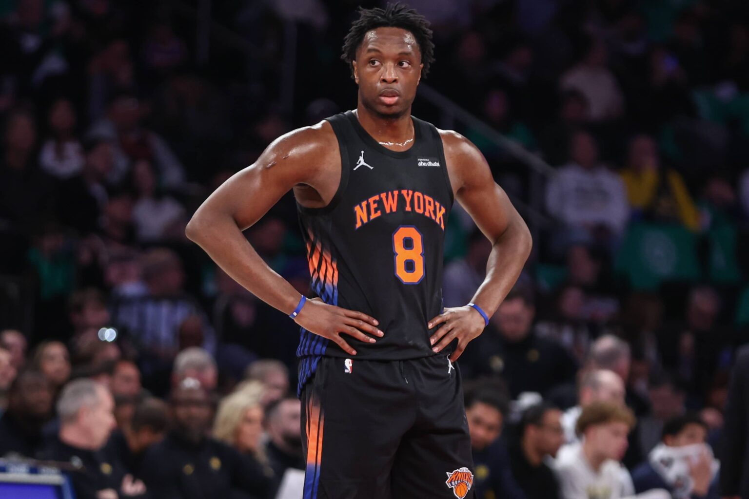 New York, New York, USA; New York Knicks forward Og Anunoby (8) at Madison Square Garden.