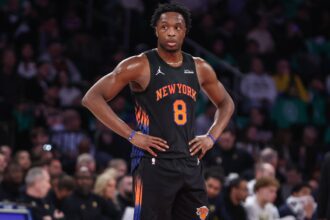 New York, New York, USA; New York Knicks forward Og Anunoby (8) at Madison Square Garden.