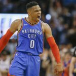 Mar 13, 2019; Oklahoma City, OK, USA; Oklahoma City Thunder guard Russell Westbrook (0) celebrates after scoring against the Brooklyn Nets during the second half at Chesapeake Energy Arena. Mandatory Credit: Alonzo Adams-USA TODAY Sports