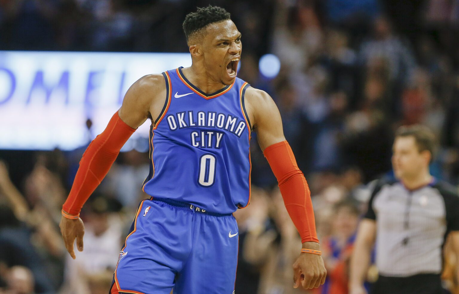 Mar 13, 2019; Oklahoma City, OK, USA; Oklahoma City Thunder guard Russell Westbrook (0) celebrates after scoring against the Brooklyn Nets during the second half at Chesapeake Energy Arena. Mandatory Credit: Alonzo Adams-USA TODAY Sports